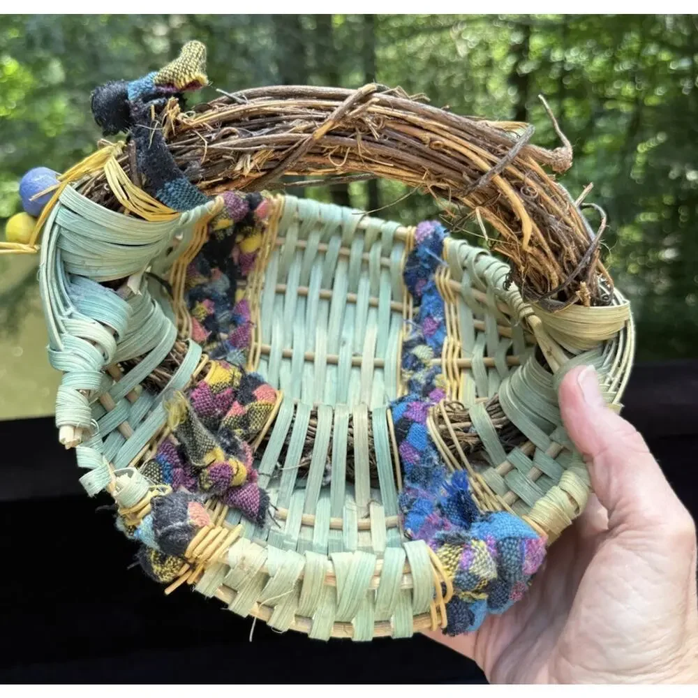 Vintage Woven African Egg Basket Super Colorful With Rag Bead Accents